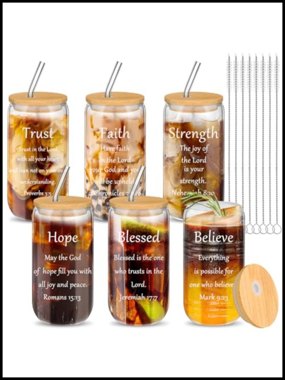 6 Set 16 oz Glass Tumbler Cups with Lids Straws & Brushes Christian Gift